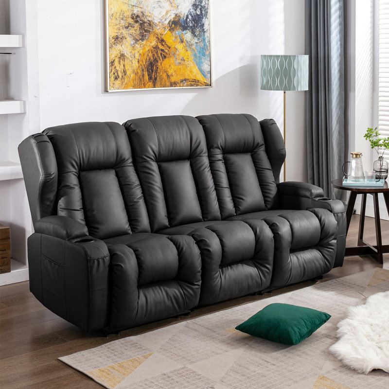 76.7 Faux Leather Reclining Sofa Black Faux leather